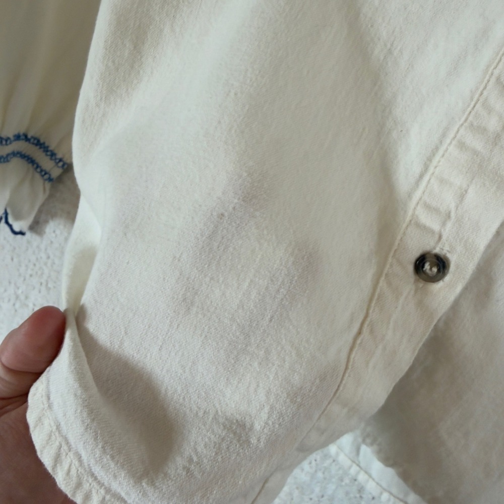 White Ruffled Collar Button-Front Blouse with Blue Trim - Picture 3 of 6
